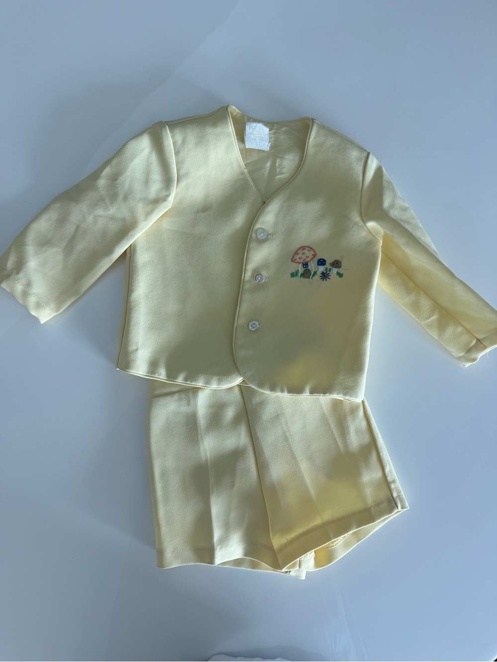 Vintage Toddler Time JCPenney Yellow Two-Piece Set with Mushroom Embroidery